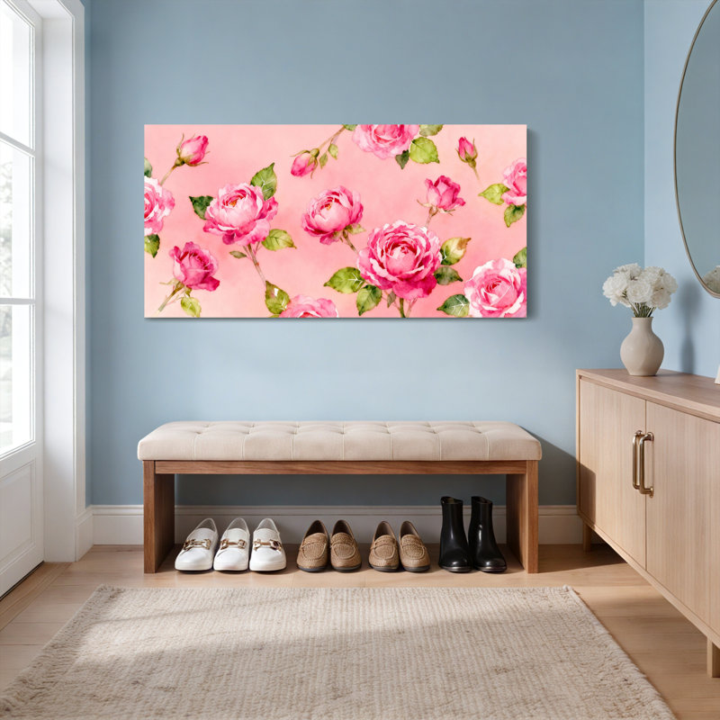 «Pink Roses», ensemble de 1 reproduction d'art sur toile tendue sur toile, H 12 po x l 36 po