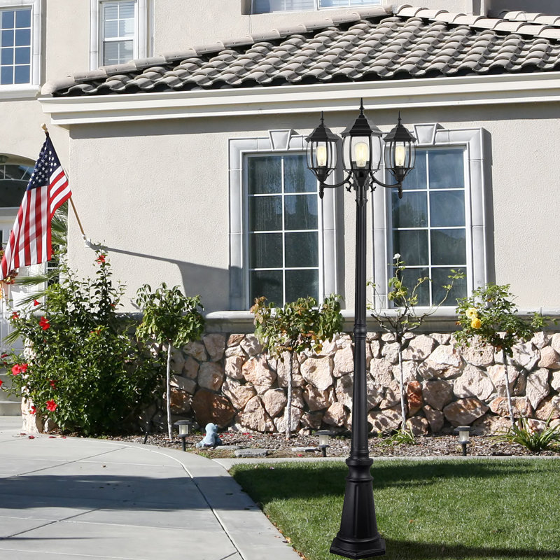 3-Light 85.43"in Matte Black Outdoor Post Light with Dusk to Dawn