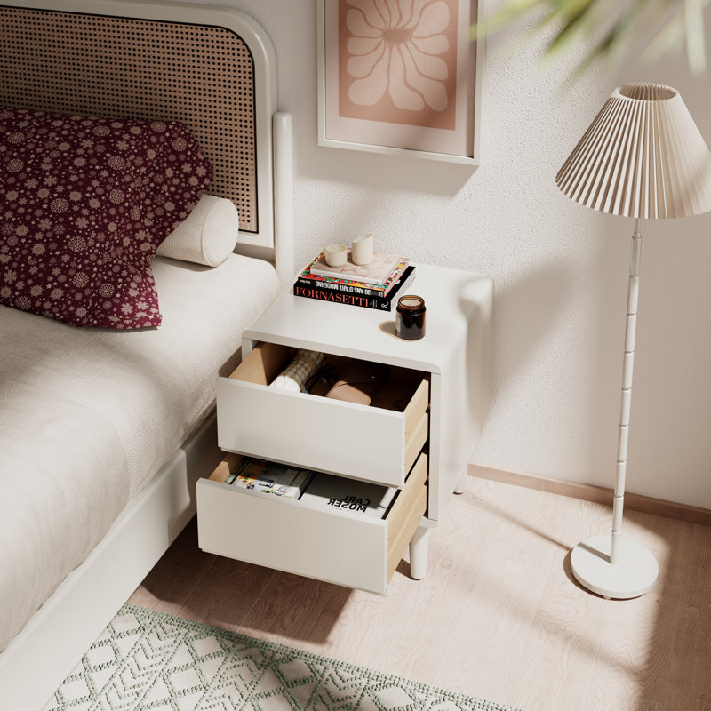 Solid Wood Mid-Century Modern Nightstand-2 Drawers, White, 19.7" H