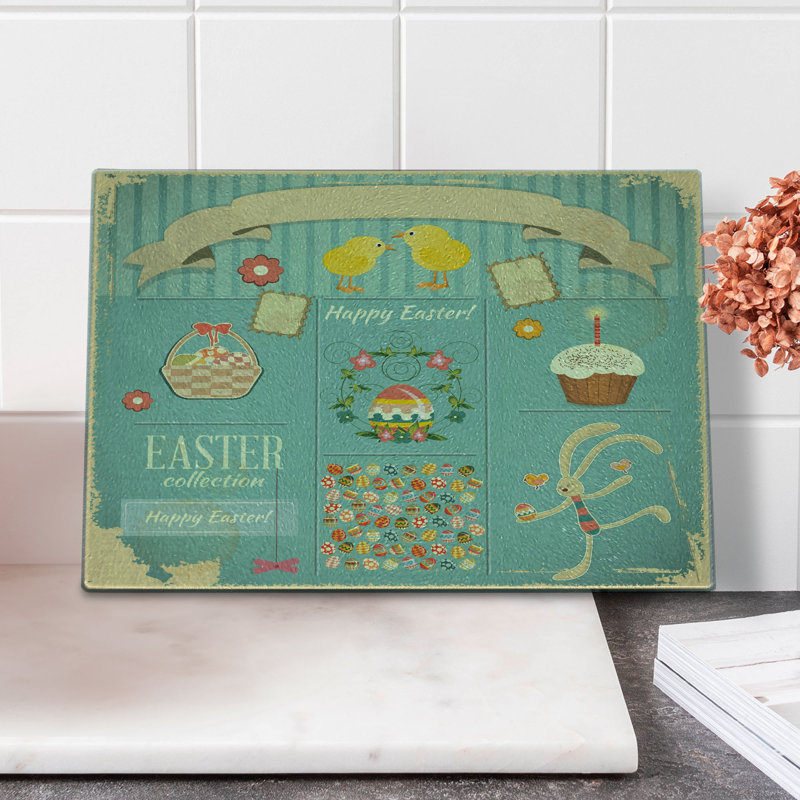 Ambesonne Easter Tempered Glass Cutting Board Eggs Cupcake and Basket Multicolor