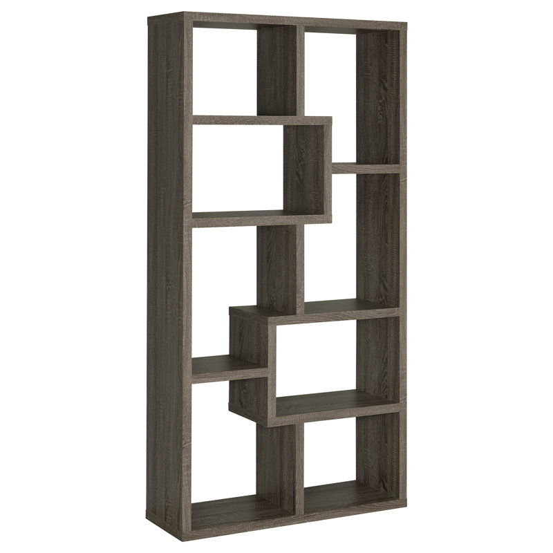 Bibliothèque géométrique avec sept (7) tablettes, étagère de rangement, meubles en bois massif, finition grise vieillie, 1 pièce