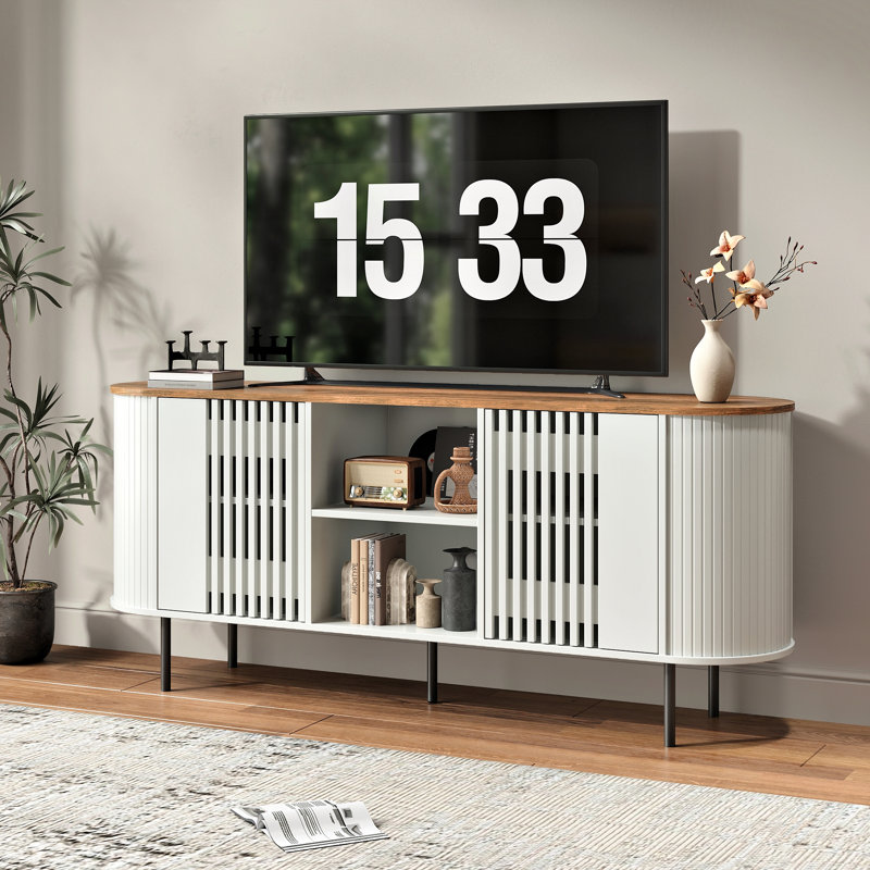 65 Inch TV Stand for TVs Up to 75", Mid Century Modern Entertainment Center TV Console with Adjustable Shelves, Curved Profile Design, Media Console for Living Room, White&Oak