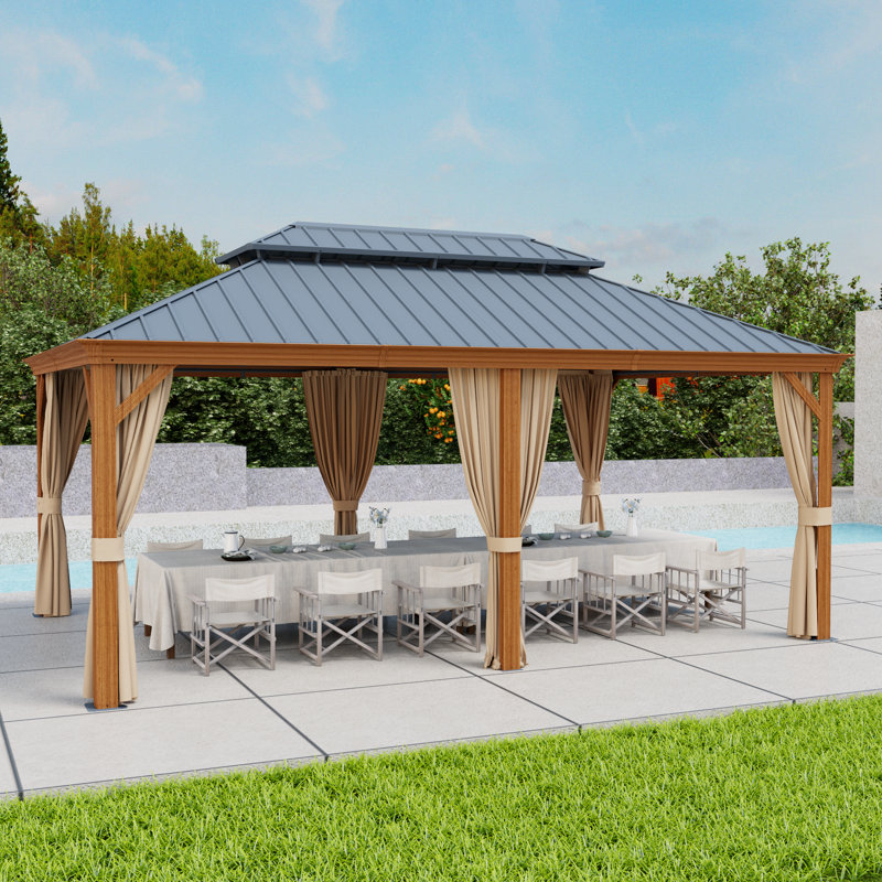 12x18FT Outdoor Hardtop Gazebo With Galvanized Steel Double Roof, Wood Grain Aluminum Frame, 120" H x 144" W x 216" D
