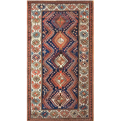 Colorful Antique Caucasian Kazak Small Scatter Size Wool Blue Tribal Rug