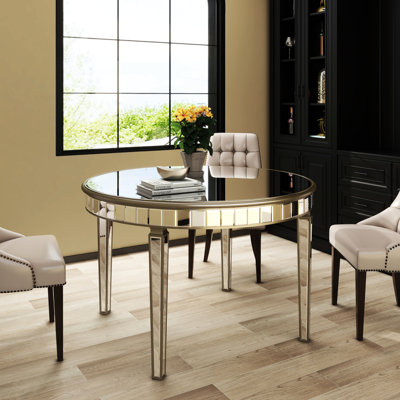 Table de salle à manger ronde de 47,6 po avec finition miroir rétro, ajoute du glamour à la salle à manger, 4 sièges, possibilité de nettoyage rapide, et plateau en verre pour le style, nettoyage facile, fabrication