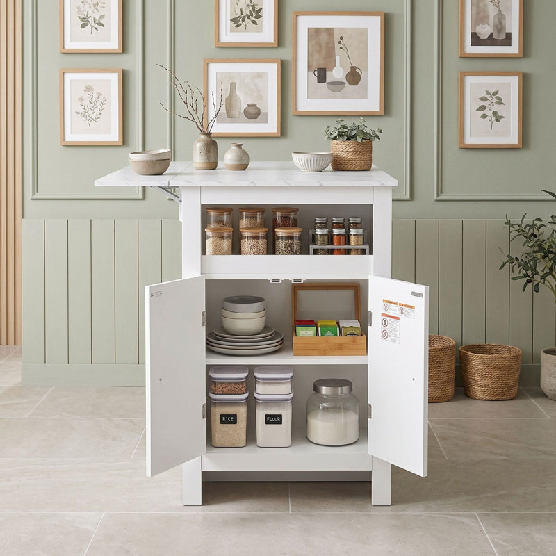 Buffet avec tablettes réglables, crochets latéraux et armoire de rangement, Blanc