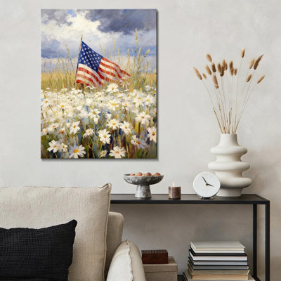 Independence Day Wildflower Flag Canvas Wall Art 32" x 24" Rustic Patriotic Wall Décor