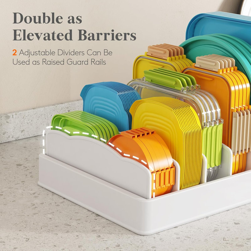 Organisateur d'armoire de cuisine pour couvercle Contanier, support de couvercle avec 6 diviseurs réglables et 7 sections pour les organisateurs de garde-manger et le rangement, organisation de tiroir à la maison