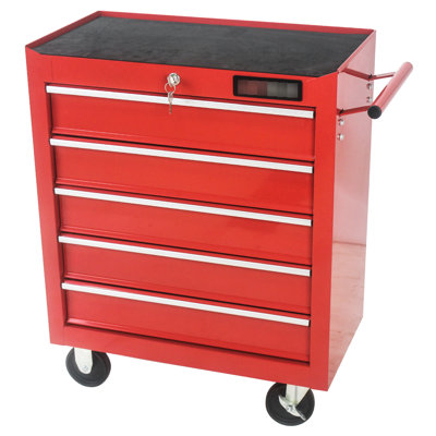 5 Drawer Garage Toolbox With Lock And Movable - Red Steel For Space Saving 5 Tool Cabinet Locking Manoeuvrable Wheels Storage In