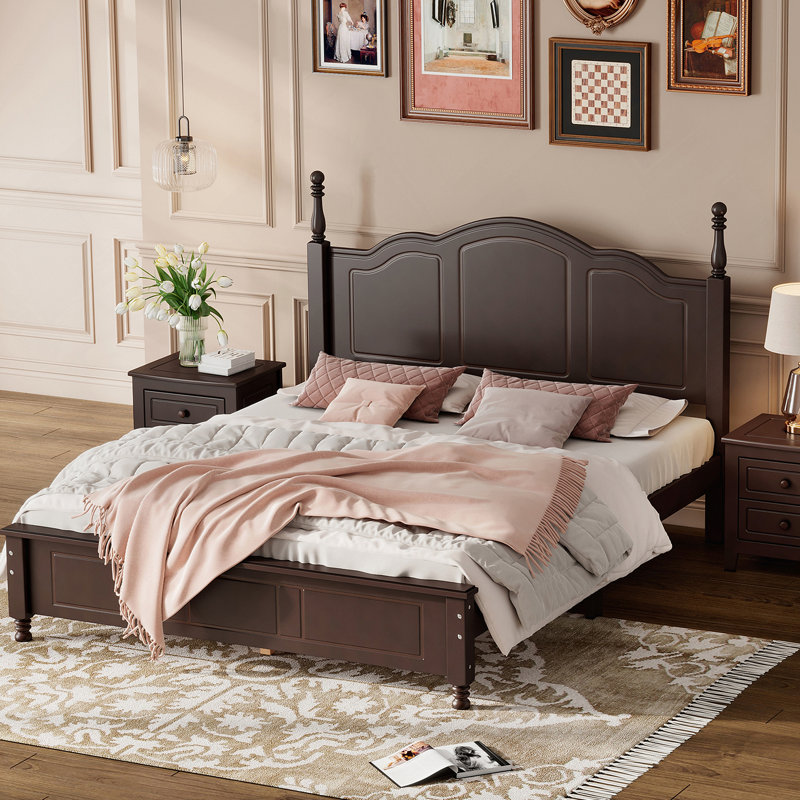 Cadre de lit plateforme grand en bois avec support à lattes, Grand lit, Brun