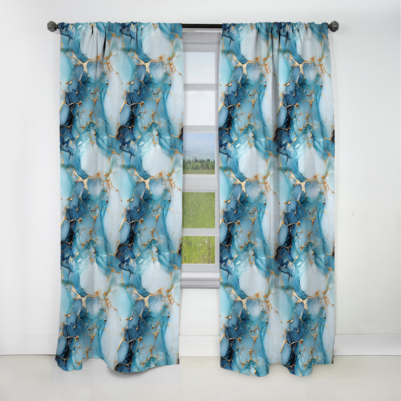 Motif de marbre céleste doré et bleu I - Rideau occultant en marbre abstrait - 1 panneaux, L 52 po x L 120 po