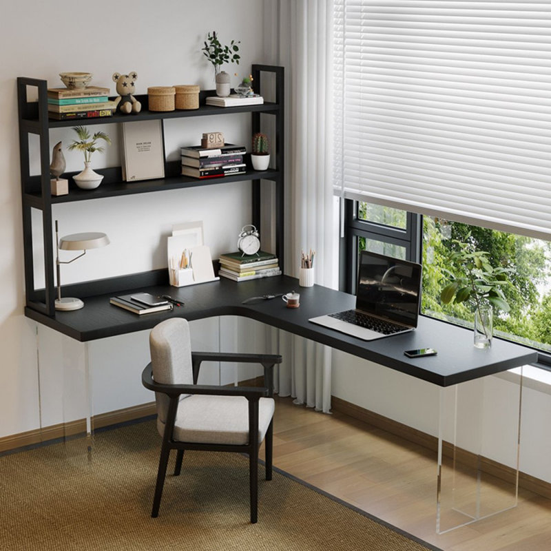 Bureau en coin en acrylique avec tablette en L et bibliothèque intégrée, Retour à gauche