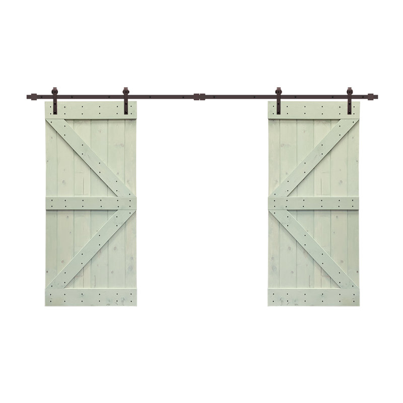 Porte de grange en panneaux de bois et métal teintés double pré-assemblé avec ensemble de quincaillerie d’installation