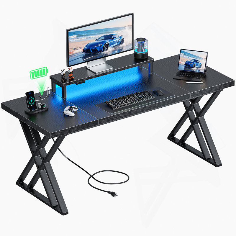 Bureau d'ordinateur avec station de charge USB, bande lumineuse à DEL, Noir