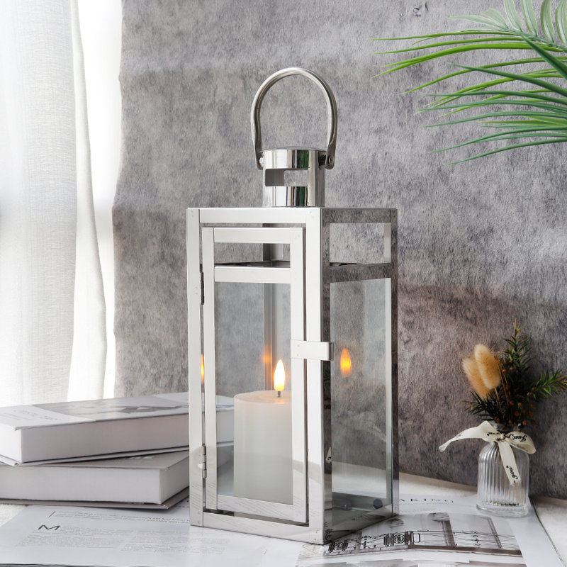 30 cm High Stainless Steel Candle Lantern for Indoor Outdoor Tabletop and Patio Use, Silver