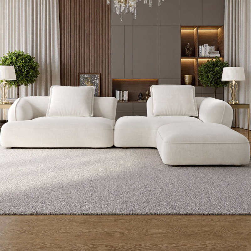 Canapé modulaire moderne en L avec méridienne. Siège profond faisant face à la droite et mousse haute densité, Beige
