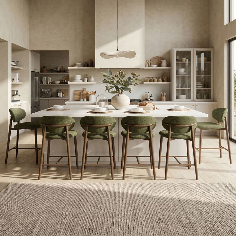 25.5" Modern Counter Height Bar Stools Set Of 6, Upholstered Kitchen Island Stools With Curved Back, Green