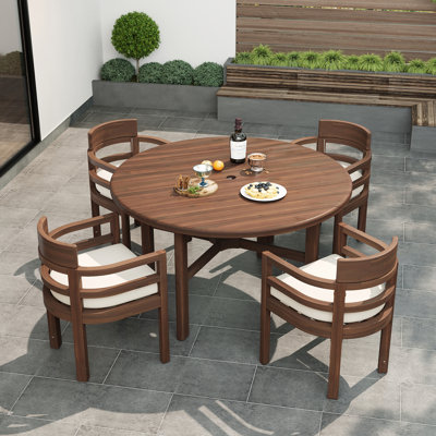 Ensemble repas 5 pièces pour l'extérieur avec table ronde, trou pour parasol et 4 chaises avec accoudoirs coussinés