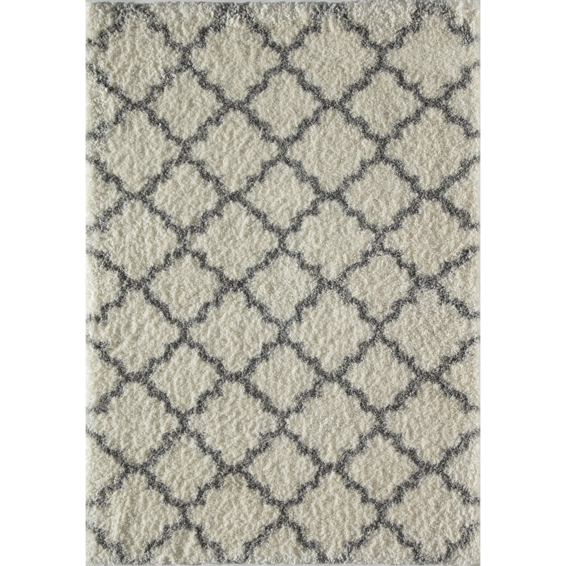 Feather Shag Contemporary Ivory grey Quatrefoil Area Rug, Rectangle 2' x 4'