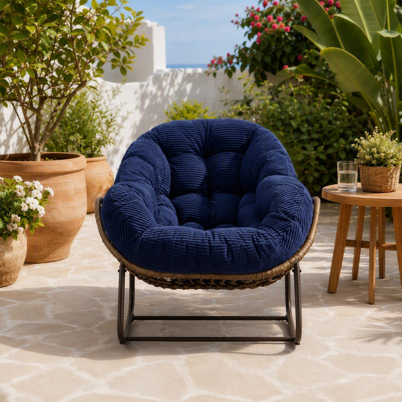 Chaise d'extérieur en acier thermolaqué, chaise d'extérieur en osier, Bleu