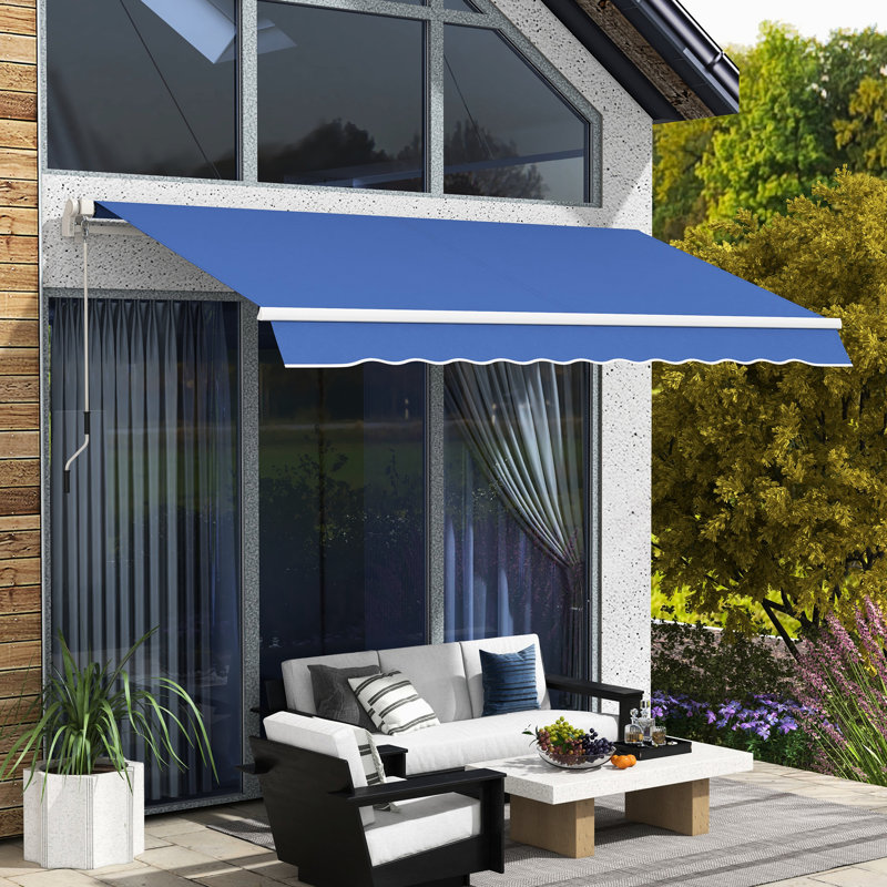 Auvent de jardin rétractable 12 pi x 10 pi, manivelle manuelle et eau - tissu 280G / M, structure en aluminium, bleu foncé pour terrasse, balcon, cadre de terrasse