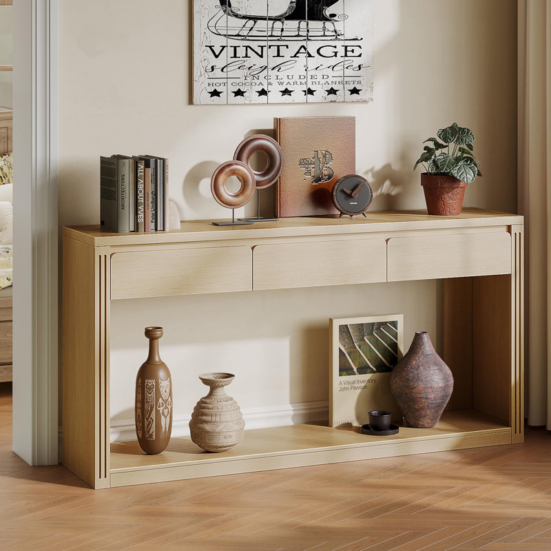 63" W Three Drawer Flat Console Table, Light Yellow Wood
