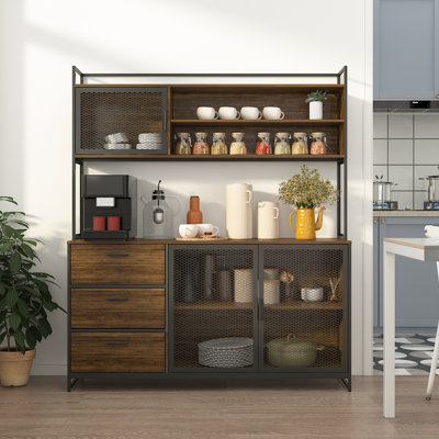 Industrial Pantry Cabinet With Hutch And Metal Mesh Doors