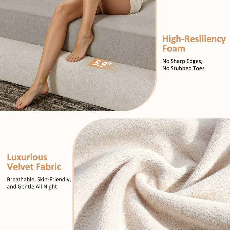Lit plateforme tapissier en velours avec tête de lit ondulée festonnée, aucun sommier requis, Beige, King