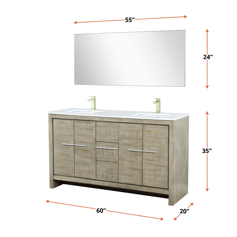Ensemble de meuble-lavabo double en acacia rustique l 60 po x P 20 po, plateau en marbre de culture, robinet en nickel brossé et miroir de 55 po
