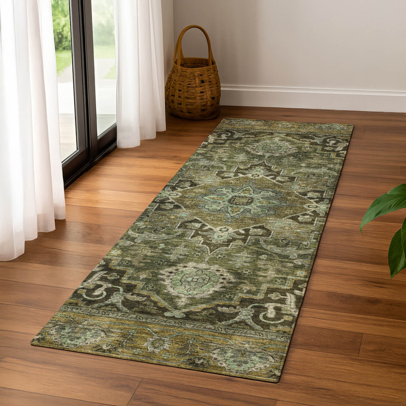 Premium Machine Washable Mayfield  global Rug, 2'3" x 7'6" Runner, Olive