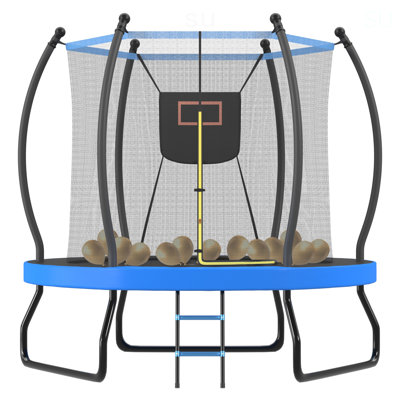 Trampoline 8 pi avec panier de basketball, filet d'enclos et échelle, trampoline d'extérieur pour enfants, trampoline récréative