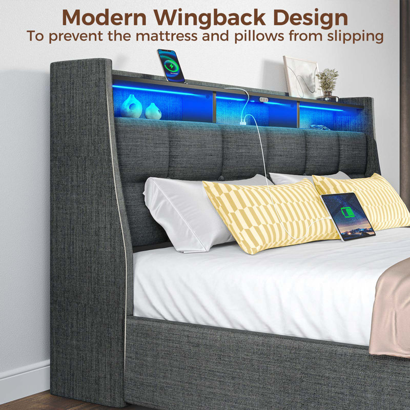 Dyane Upholstered Bed Full Bed Frame with Charging Station and LED Lights, Queen, Gray Linen