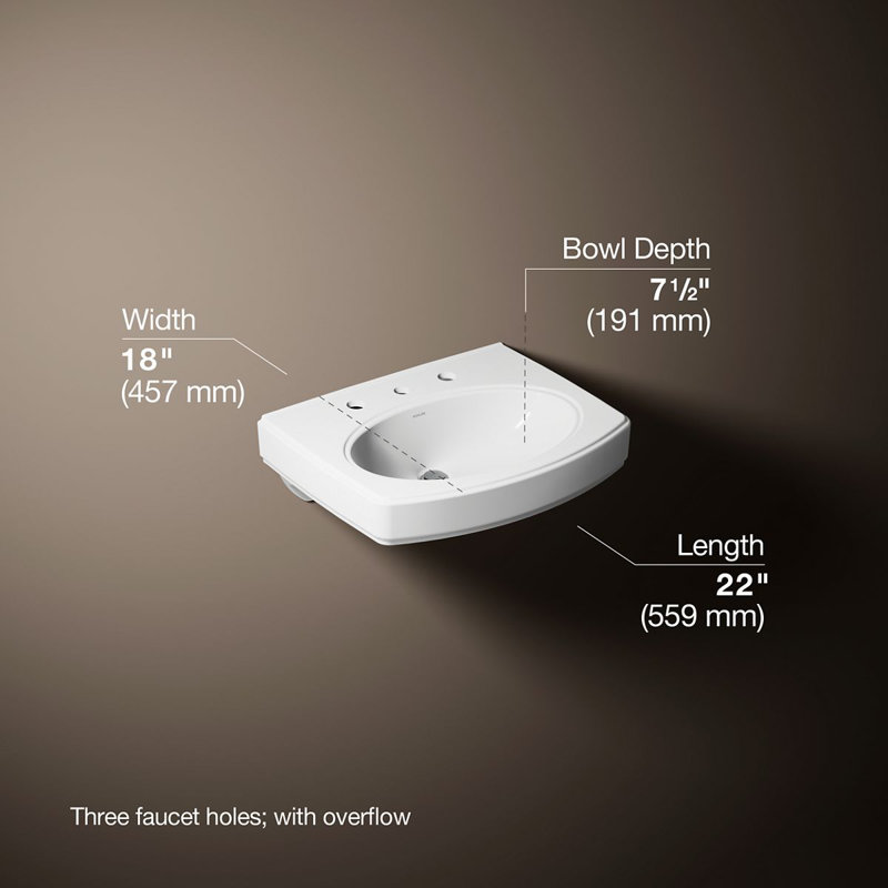 Pinoir® Vitreous China 22" Wall Mount Bathroom Sink with Overflow, White, 8" Centers