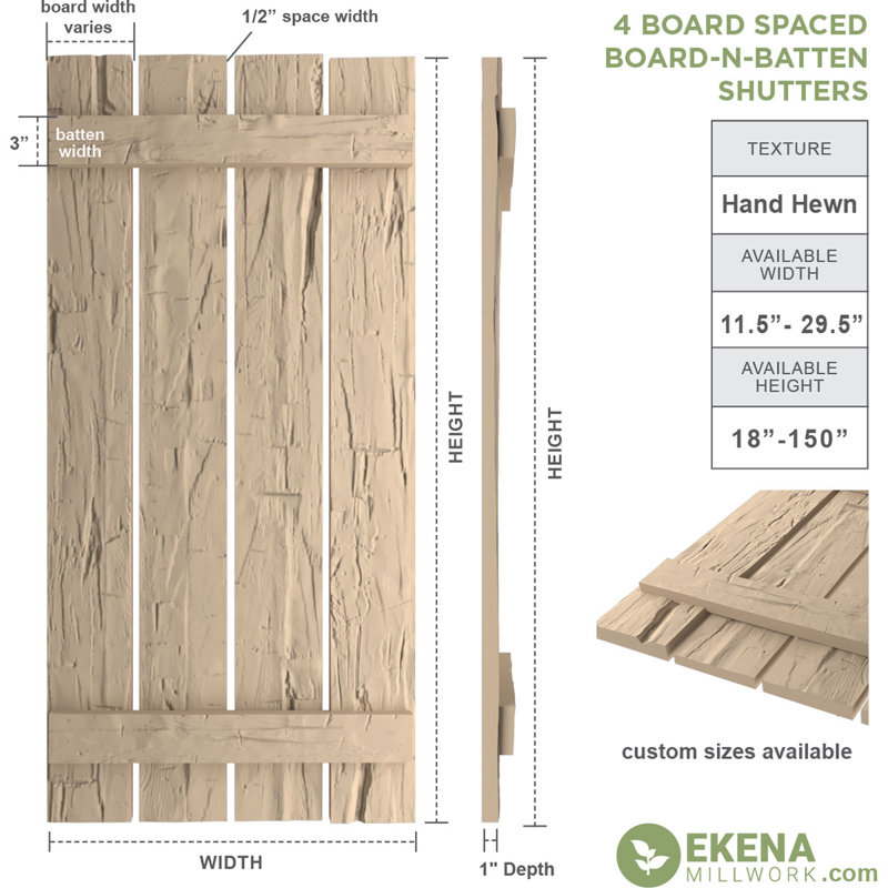 Volets rustiques en faux bois à quatre planches espacées (par paire), Texture taillée à la main / brun clair apprêté, 23"