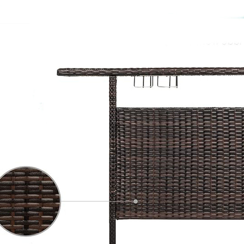 Table de bar d'extérieur en osier avec 2 tablettes en acier et structure en acier robuste, table légère - brun