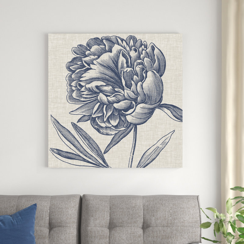 Indigo floral sur lin II, H 36 po x l 36 po x P 1,25 po