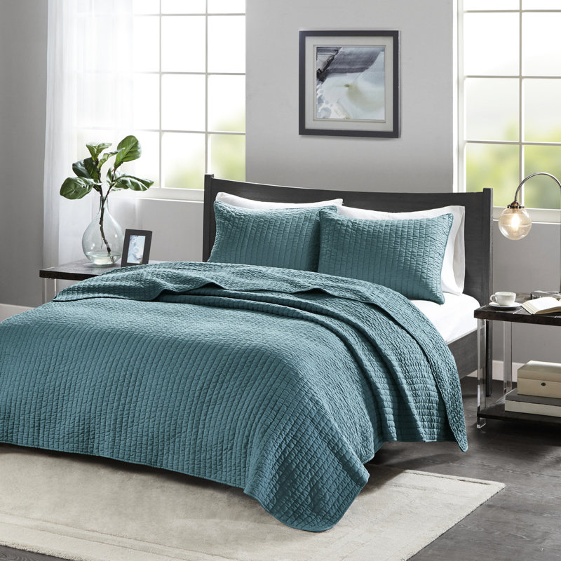Courtepointe bleu sarcelle double / grand - 3 pièces, tissu en microfibre, rembourré de coton, conception réversible, piquage à point, idéal pour une utilisation à l'année, avec 2 taies décoratives, pièce en microfibre, rembourrage, réversible, literie
