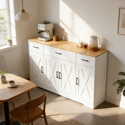 Buffet 55 po avec 3 tiroirs et tablettes réglables, armoire de rangement blanche pour café, blanc