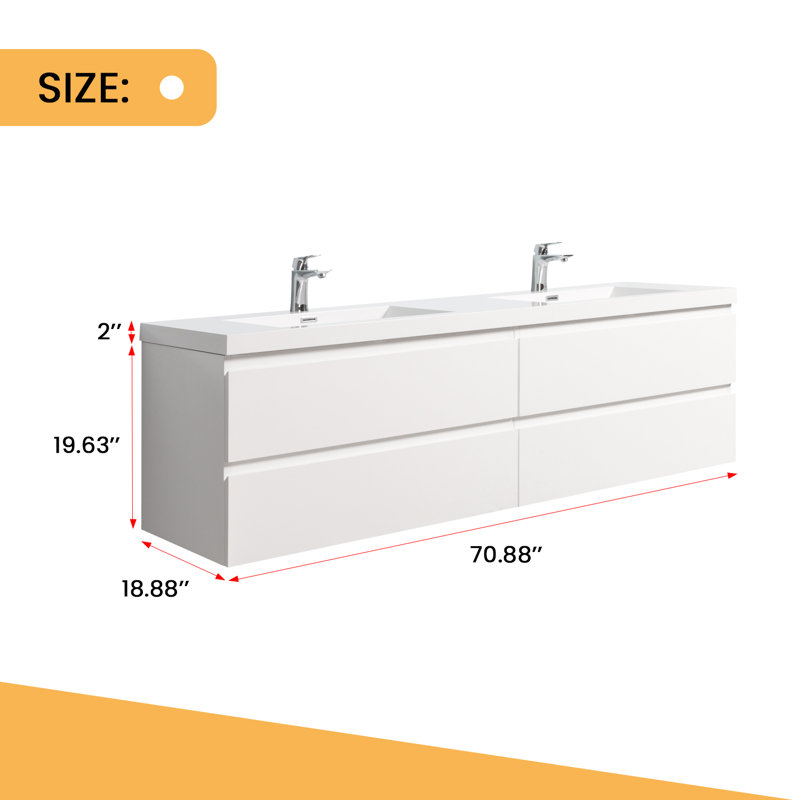 Meuble-lavabo double avec comptoir Garnetta 70,88, Blanc lustré