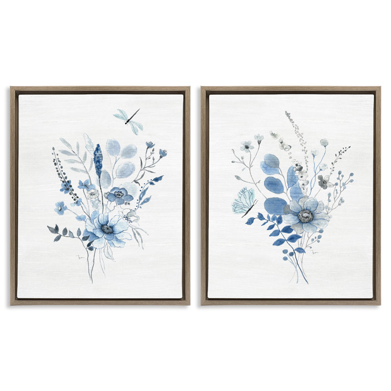 «Blue Dragonfly Flower», ensemble de 2 toiles flottantes encadrées par Janet Tava, H 31 po x l 25 po