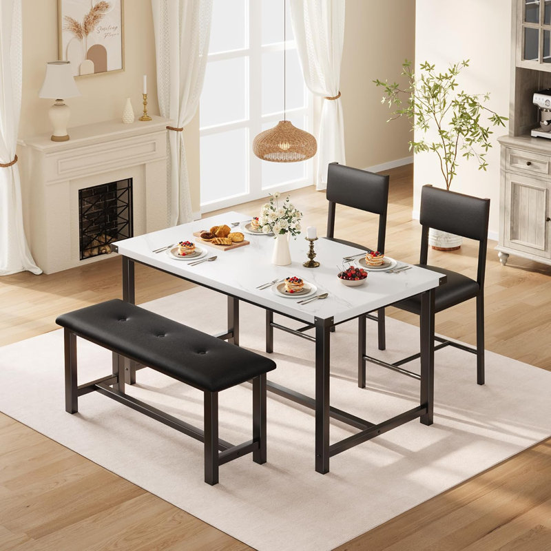 Ensemble de table de salle à manger 4 personnes en bois massif avec chaises et banc rembourrés - Peu encombrant pour les appartements et les petites maisons, facile à assembler