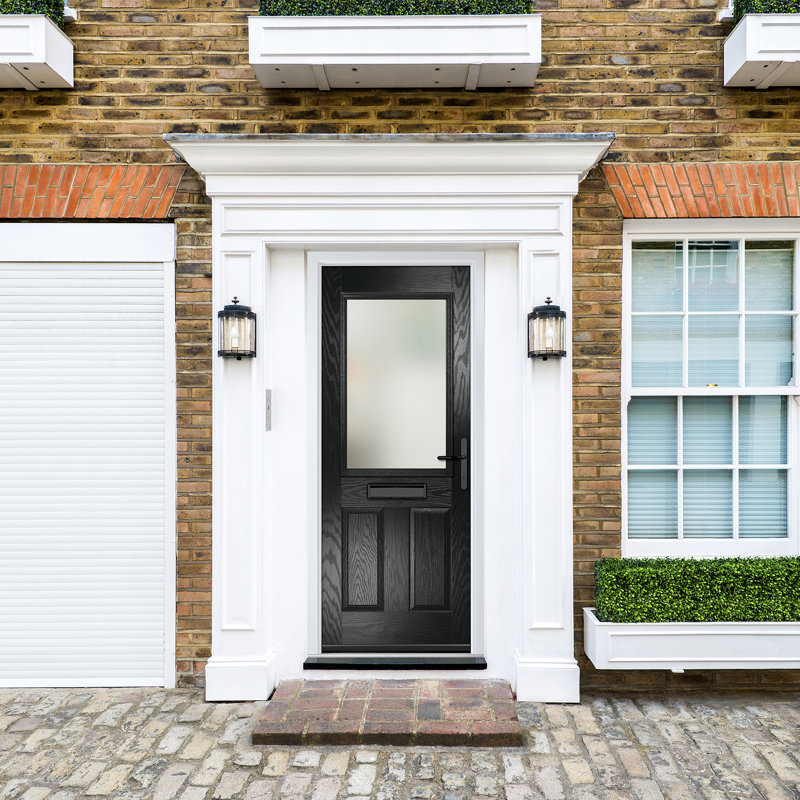 Crystal GRP Front door Lytham Black 920mm x 2090mm Open in Left hand Stipolytte Glass, Left, Black, 89mm x 209mm