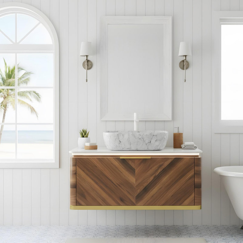 Meuble-lavabo de comptoir en pierre frittée 36 po, Blanc pierre, Noyer foncé, 36"