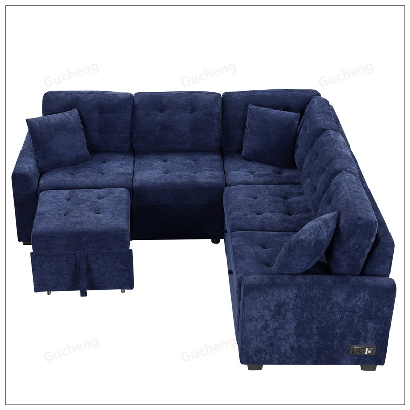 82.6inch L-Shape Sofa Bed with Pull-out Sleeper, Wheels, USB Ports, and Power Sockets for Living Room, Blue