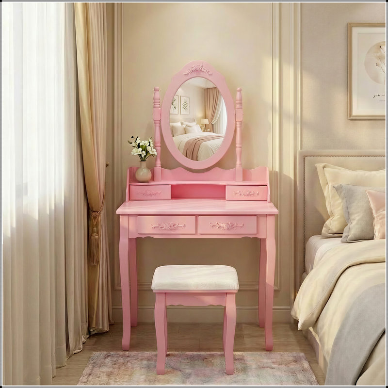 Pink Princess Vanity Desk Set with 360° Rotating Mirror, 4-Drawer Wooden Makeup Table for Girls' Bedroom, Pink