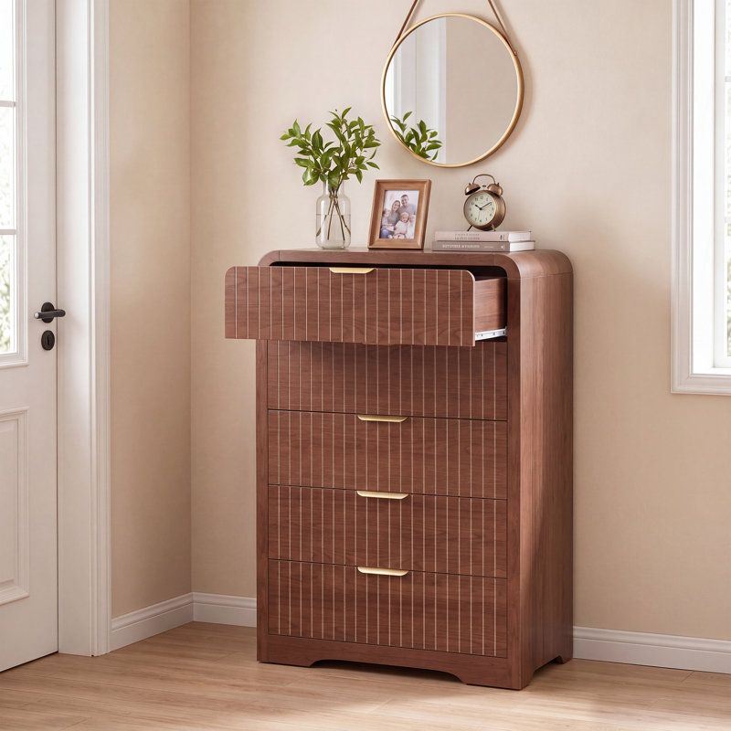 Modern Drawers Dresser for Bedroom, Wide Wood Dressers & Chests of Drawers w/Curved Profile Design, Walnut, 5