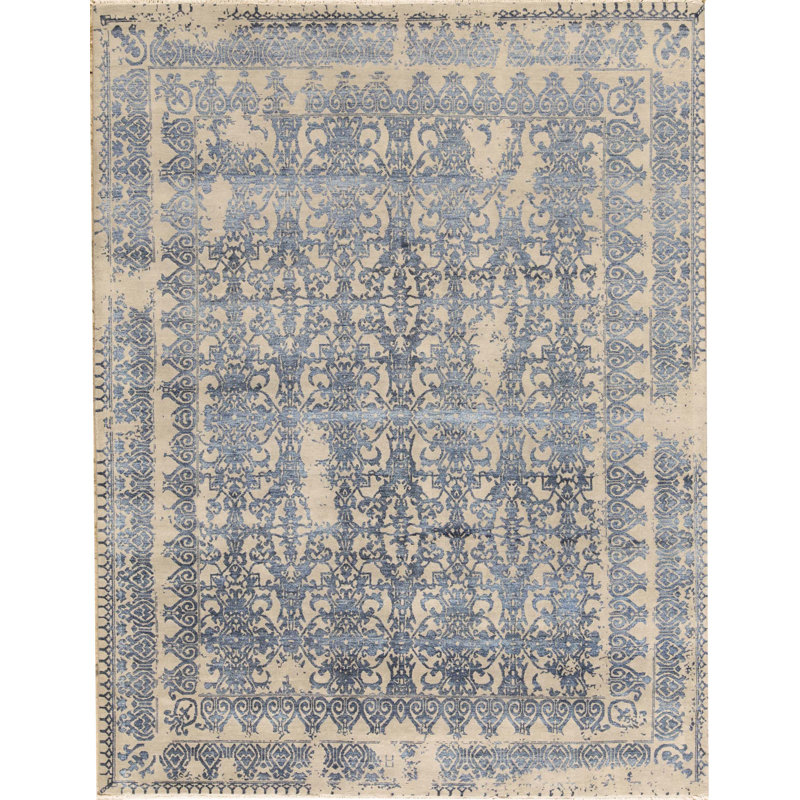 Tapis argenté et bleu foncé noué à la main de haute qualité