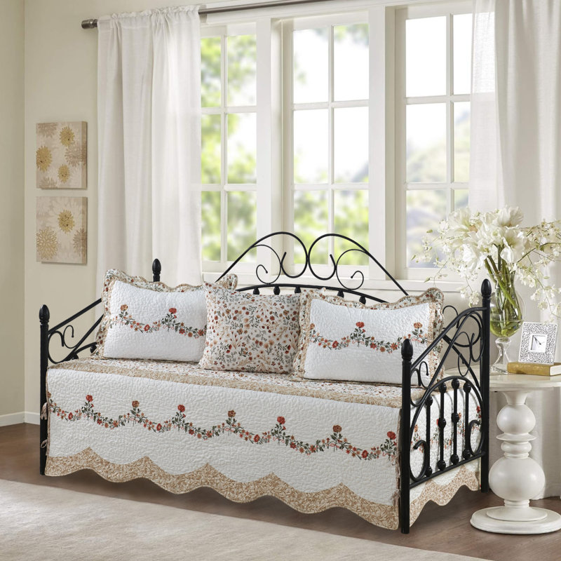 4 Piece Carnation Floral Embroidery Daybed Cover Set, Carnation Floral