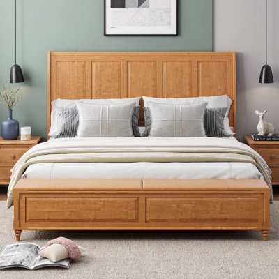 Lit plateforme très grand avec banc de rangement 79 po, tête de lit tapissier de 53 po, structure en bois d'hévéa massif, aucun sommier requis, capacité de 1000 lb, mobilier de chambre classique