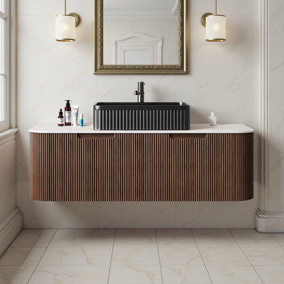 48" Floating Bathroom Vanity - Rectangular Ceramic Sink & Dark Walnut Cabinet (No Faucet Included)
